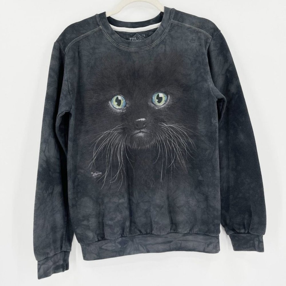 The Mountain Small Sweatshirt Pullover Cat Face Black Gray Tie Dye Acid Wash